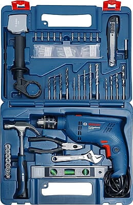 Bosch GSB 600 Corded Electric Impact Drill Kit, 600 W, 13 mm, 1.7 Kg, 3000 RPM, 1.4 Nm, Variable Speed, Forward/Reverse Rotation, Double Insulation, Improved Carbon Brush (100 Pc Kit) | Multicolor