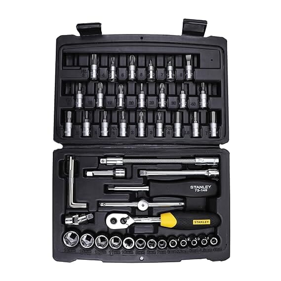 STANLEY STMT72794 1/4'' Square Drive Metric Socket Set with Double Nickel Chromium Alloy (46-Pieces), YELLOW & BLACK STANLEY STMT72794 1/4'' Square Drive Metric Socket Set with Double Nickel Chromium Alloy (46-Pieces), YELLOW & BLACK