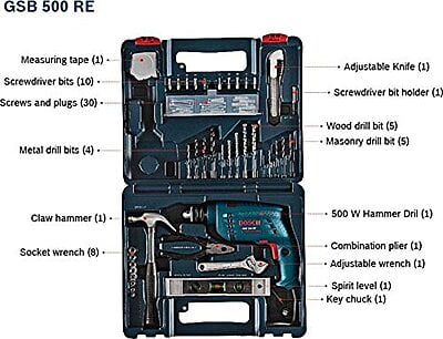 Bosch Professional GSB 500 RE Corded-Electric Drill Tool Set, 10 mm (Blue), 500 Watt, (100 Pc Accessory Set) Bosch Professional GSB 500 RE Corded-Electric Drill Tool Set, 10 mm (Blue), 500 Watt, (100 Pc Accessory Set)